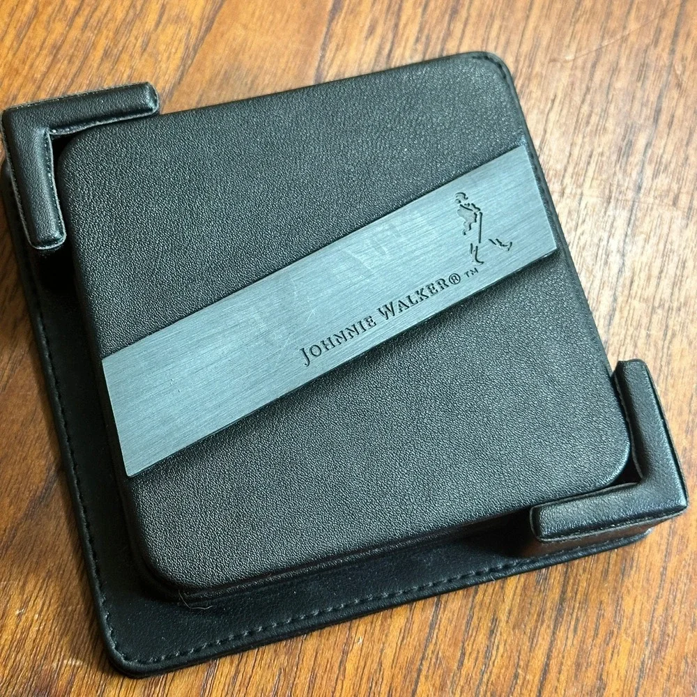 Johnnie Walker Black Faux Leather Coaster Set 4 Piece & Holder Barware Man Cave